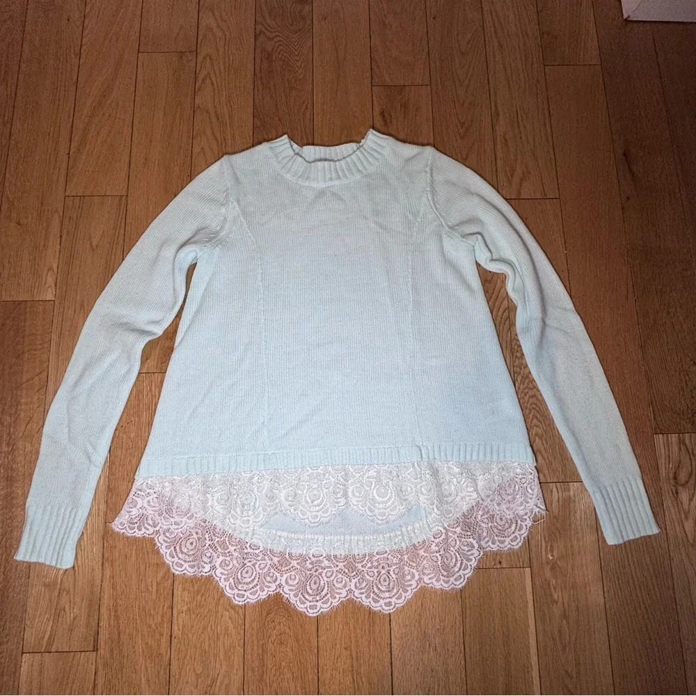 SO Aqua Lace-Hem Crewneck Sweater